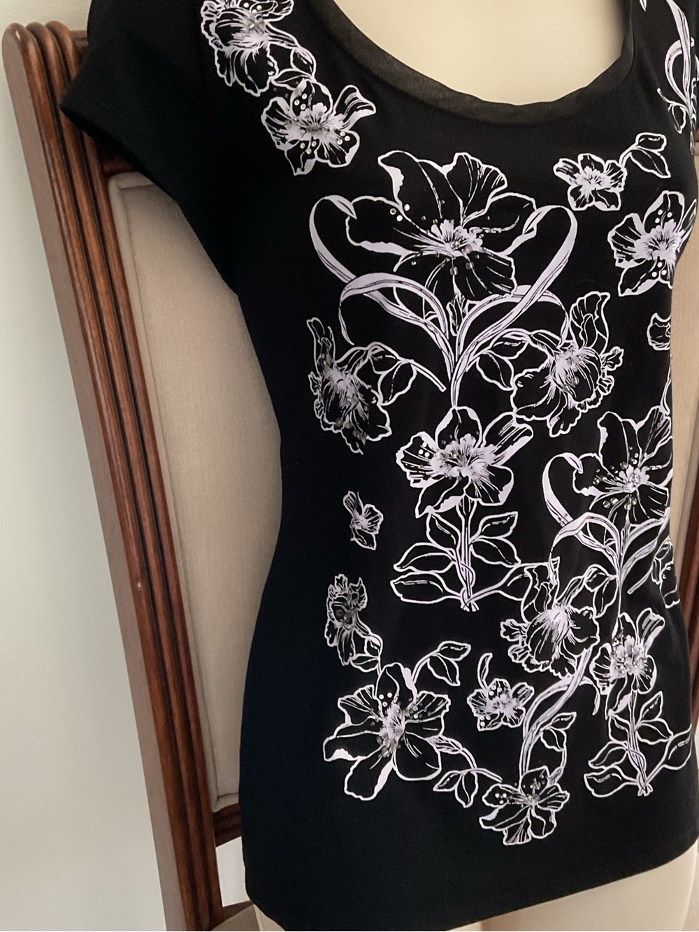 White House Black Market Black Midi Top with White Floral Print